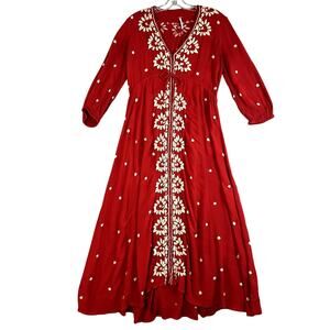 Free People Embroidered Fable Midi Dress Womens S Red Boho Festival Resort